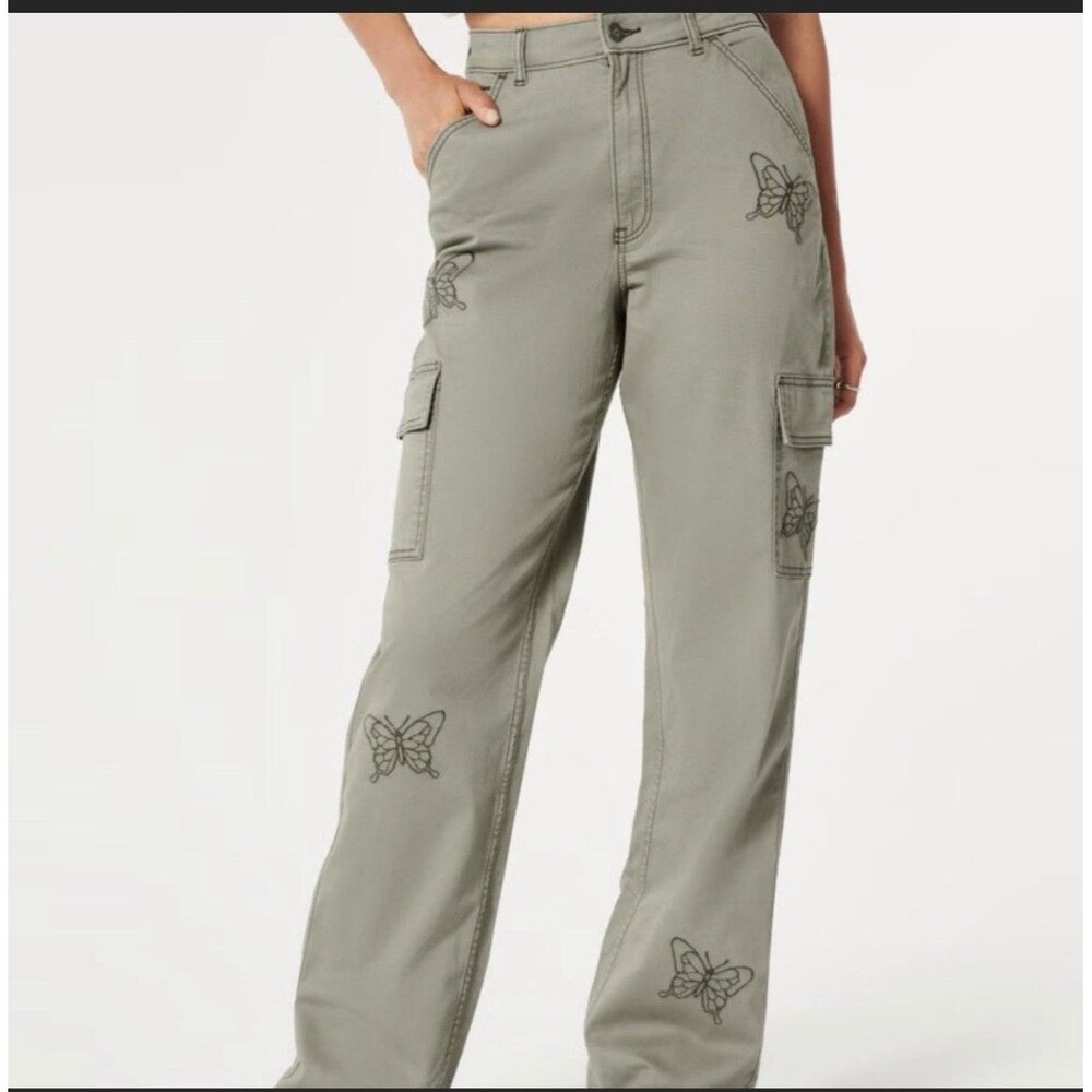 Hollister Pants Womens 000R W23R Olive Butterfly Ultra High Rise Dad Pant Boho